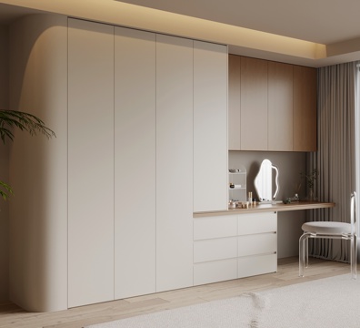 现代奶油风衣柜 梳妆台 一体柜su模型