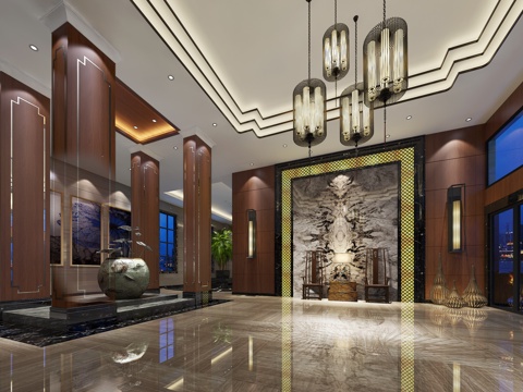  新中式文化传媒公司大堂3d模型 