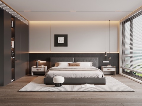 现代意式卧室 简约卧室 主卧 双人床 床头柜 衣柜su模型