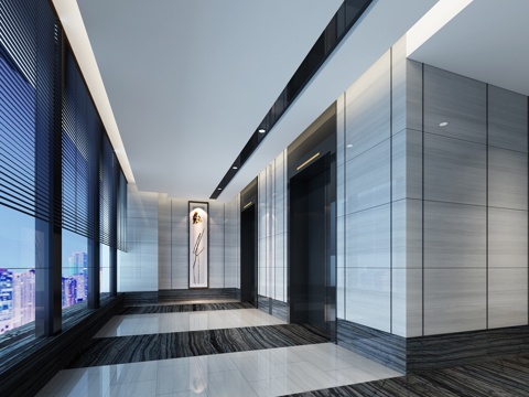  现代酒店走廊电梯厅3d模型 