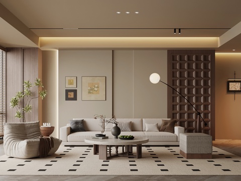  现代中古风客厅 沙发茶几组合3d模型 