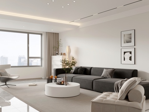  现代客餐厅 无主灯 电视墙 黑白灰3d模型 