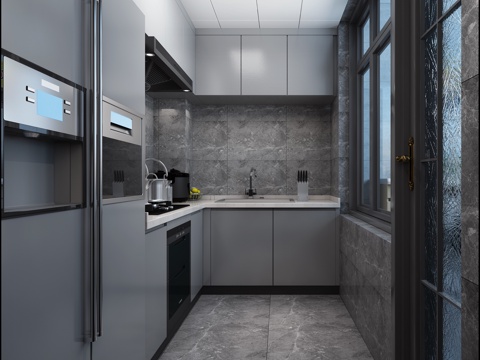  现代风格厨房 双开门大冰箱 铝扣板 橱柜3d模型 