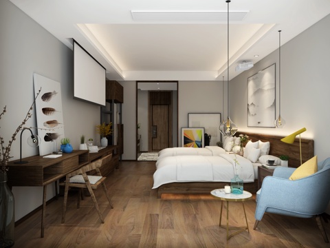  新中式民宿酒店客房3d模型 