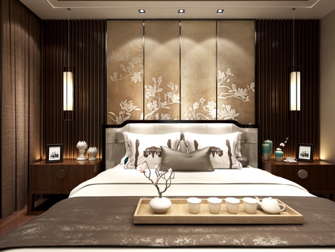  新中式卧室 双人床床头柜吊灯3d模型 