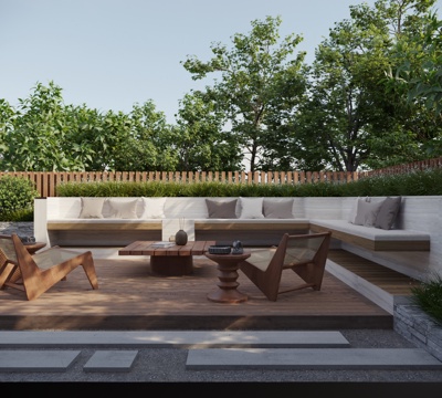  现代别墅庭院 花园景墙 景墙围墙 休闲转角卡座 休闲平台组合3d模型 