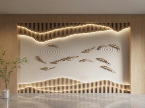 新中式鱼群 游鱼背景墙 文化墙su模型