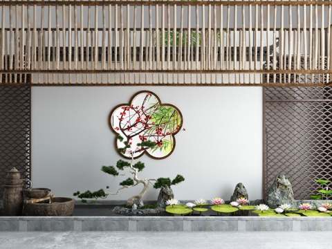  新中式园林景观小品水景 小品荷叶荷花水景小品假山3d模型 