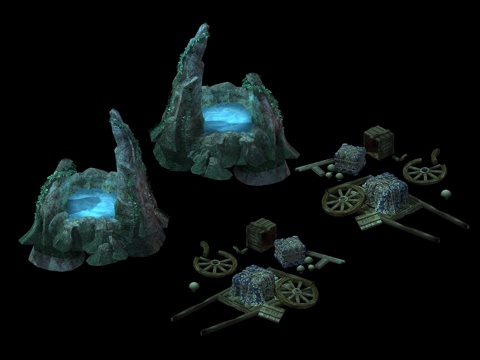  水池假山废墟农具货物3d模型 