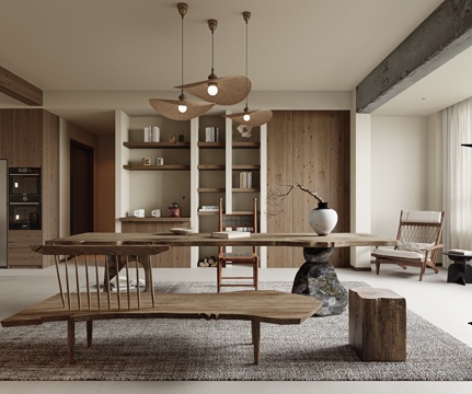 侘寂风客厅 侘寂风书房 侘寂风茶室 大板桌 茶台 长凳 吊灯su模型