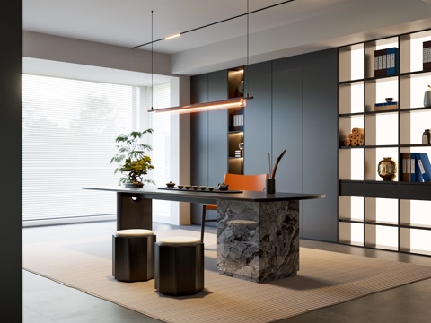 意式轻奢茶室 茶桌椅 书房 书柜 吊灯su模型