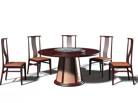  新中式宋式美学红木圆餐桌椅3d模型 