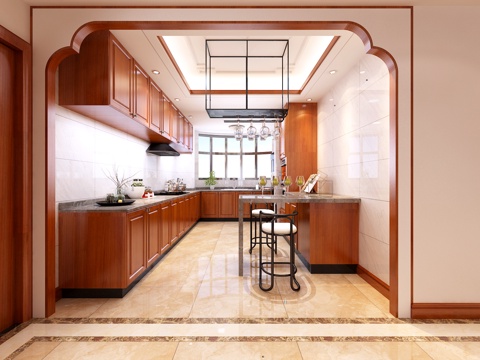  新中式厨房 厨房吧台橱柜3d模型 