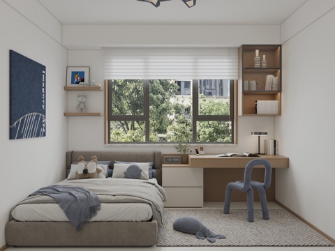  奶油风儿童房，原木风儿童房，男孩房3d模型 