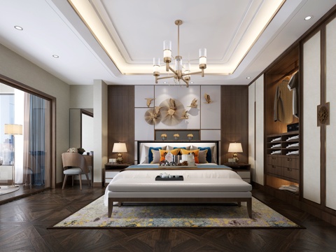  新中式卧室3d模型 