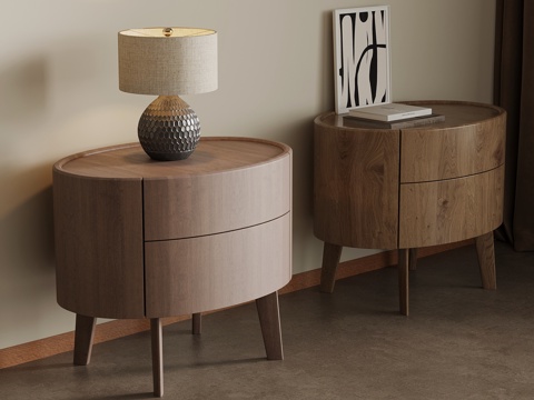 现代中古风床头柜 实木床头柜su模型