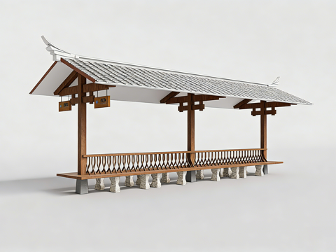 中式长廊亭子 中式公交站su模型