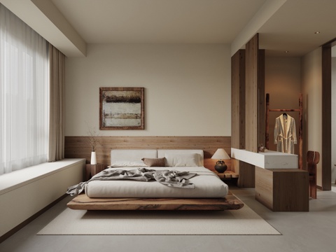 侘寂风卧室 主卧室 侘寂风悬浮双人床 实木双人床 梳妆台 单su模型