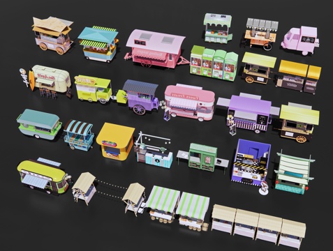 现代售卖亭 摊位车 商业售卖车 网红快餐车 小推车 汽车餐厅su模型