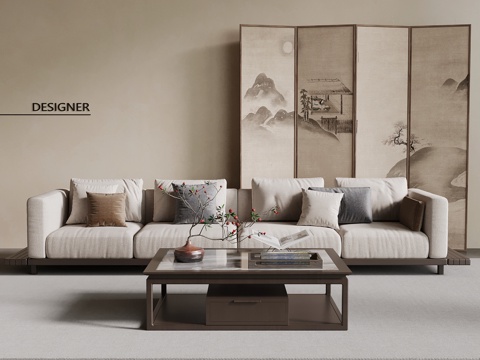 新中式多人沙发 宋氏风沙发茶几组合su模型