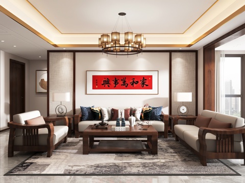  新中式客餐厅 开放厨房 干区 电视墙3d模型 