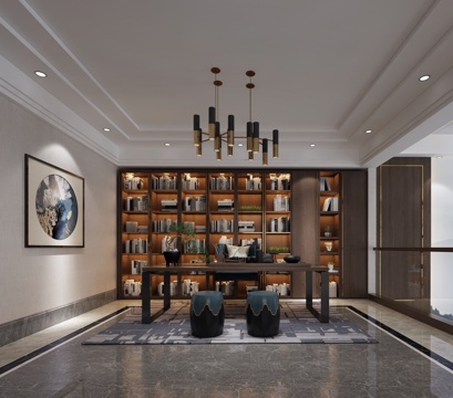  新中式别墅书房 挂画书桌书柜吊灯3d模型 