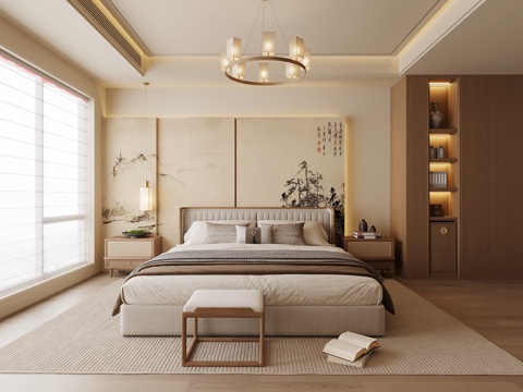 新中式卧室 双人床su模型