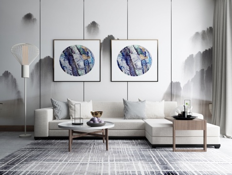  新中式实木茶几沙发组合3d模型 