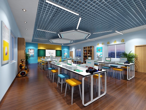  现代创客空间实验室学校教室 创客教室 小学教室 实验室3d模型 