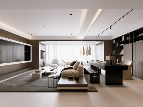  意式简约客餐厅 现代简约客餐厅 客厅书房一体 大平层3d模型 