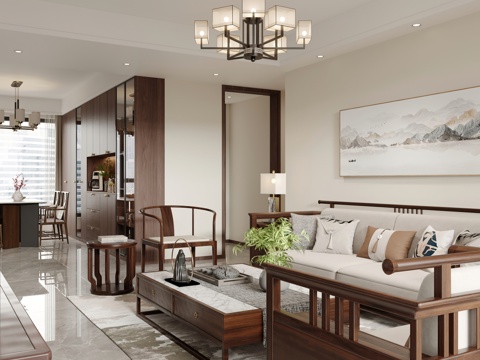  新中式客餐厅 开放厨房 电视墙 酒柜3d模型 