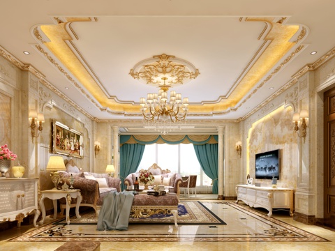  简欧客厅 沙发茶几吊灯电视柜3d模型 