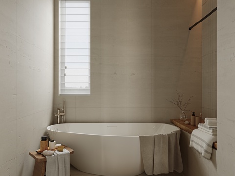 侘寂风卫生间 浴缸 毛巾 浴巾 矮凳 卫生间用品su模型