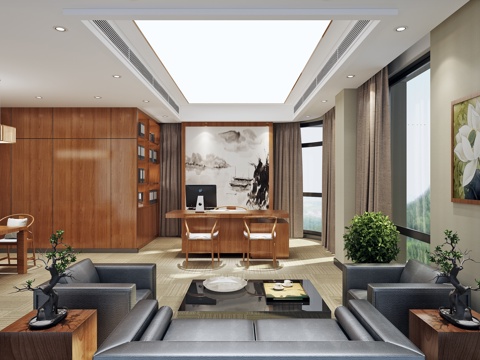  新中式经理办公室3d模型 