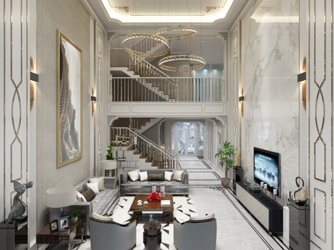  美式简美轻奢跃层客厅 沙发 楼梯 挂画3d模型 