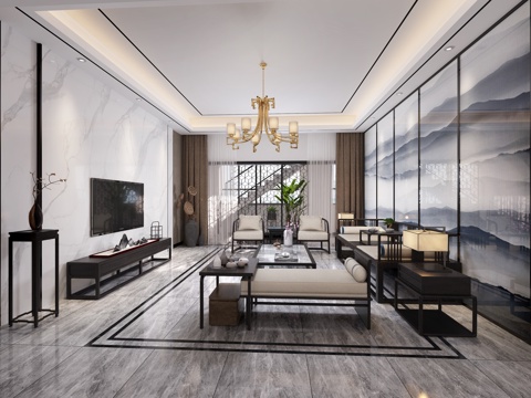  新中式客厅餐厅 沙发组合餐桌椅摆件饰品挂画酒柜3d模型 