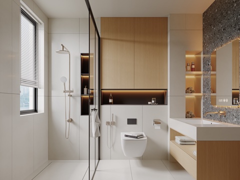 现代卫生间 干湿分离卫生间 淋浴花洒 洗手盆 浴室柜 马桶su模型