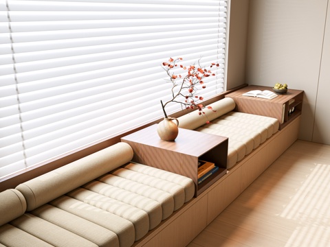 现代中古飘窗柜 飘窗 坐垫 中古风坐垫 坐垫 百叶帘 窗帘su模型