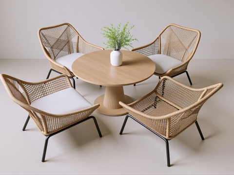 现代户外休闲桌椅 藤编休闲椅 户外休闲椅 实木茶几su模型