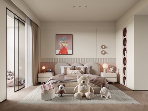 现代女孩儿童房 现代女孩房 布艺双人床 床头柜 床头背景墙su模型