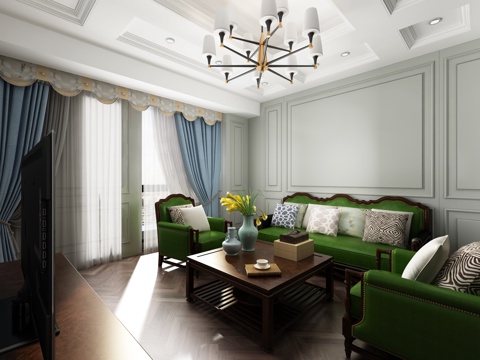  美式简约客厅 吊灯窗帘护墙板沙发茶几电视柜3d模型 