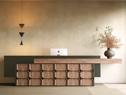 中古风前台 中古风 前台 接待 侘寂前台 收银台 花瓶花艺su模型