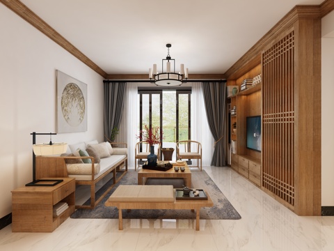  新中式客厅3d模型 