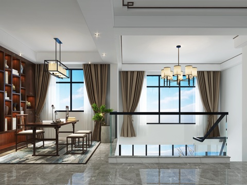  新中式书房 书桌 书柜挂画3d模型 