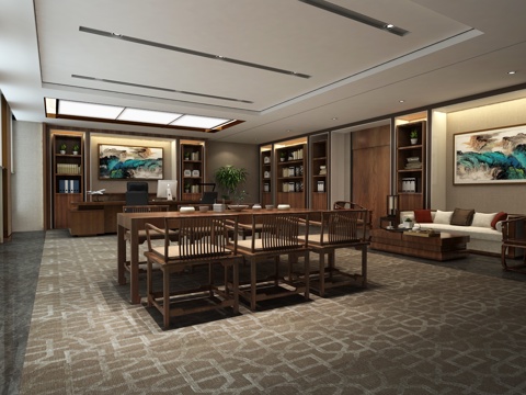  新中式董事长办公室3d模型 