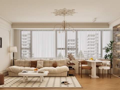  法式奶油风客餐厅厨房 法式奶油风沙发 法式奶油风参桌3d模型 