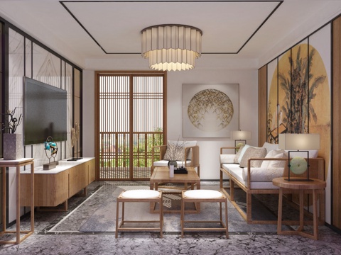  新中式客厅3d模型 