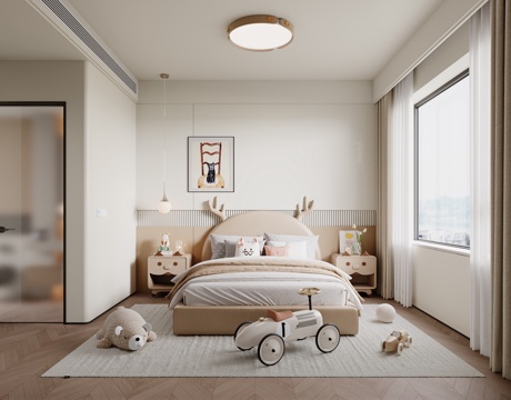 现代女孩儿童房 现代女孩房 布艺双人床 床头柜 床头背景墙su模型