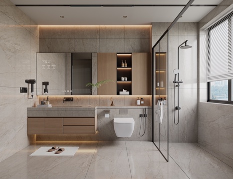 意式现代卫生间 干湿分离卫生间 淋浴花洒 浴室柜 卫生间用品su模型