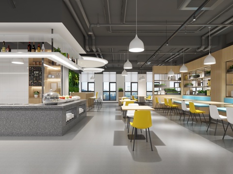  现代简约食堂 员工餐厅 自助餐厅 学校食堂  职工食堂3d模型 